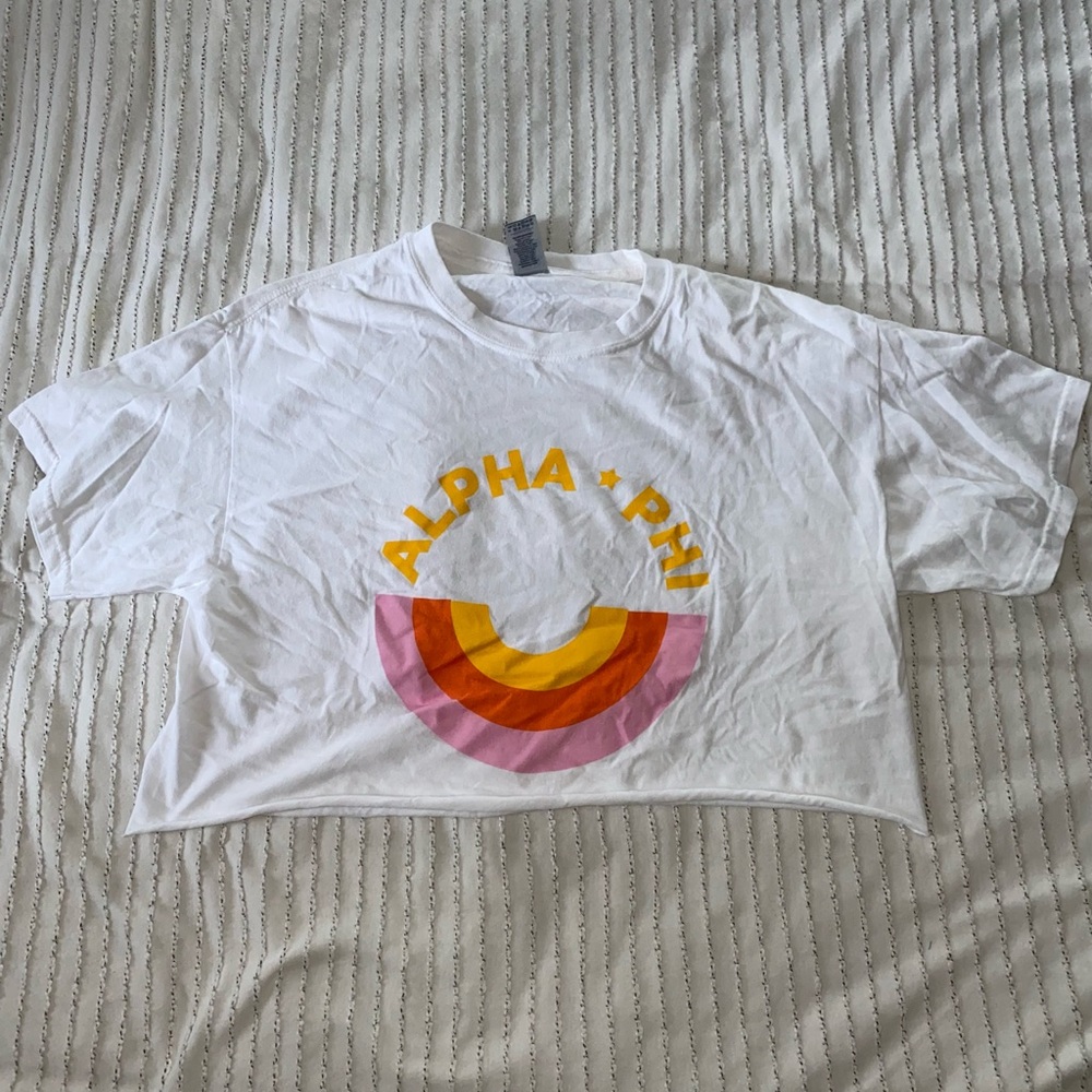 Cropped white Alpha Phi rainbow t-shirt
